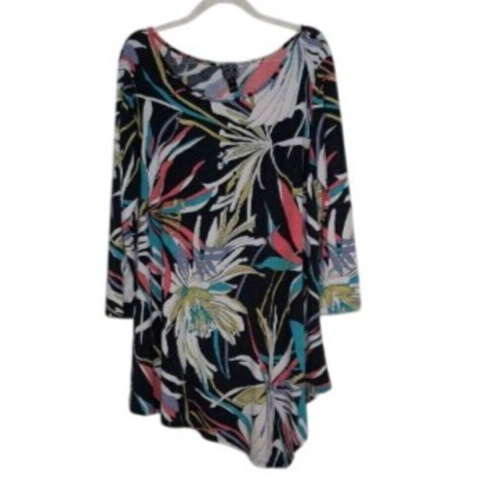 Clara Sun Woo Floral Asymmetrical Tunic Womens Size Medium Stretch 3/4 Sleeves